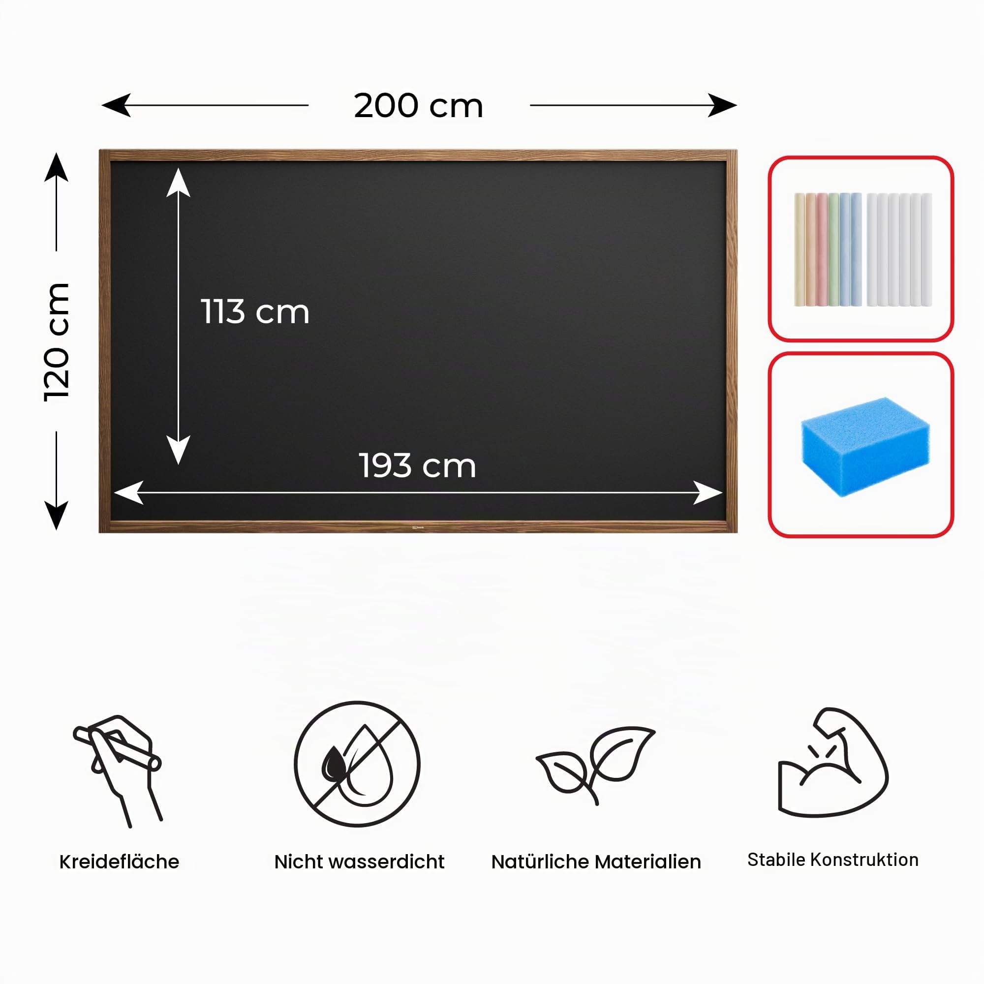 ALLboards Kreidetafel mit lackiertem Holzrahmen 200x120cm, Schwarz, Schreibtafel, Kreide, Schreibtafel zum Aufhängen, Wand Tafel Holz, Tafel gastronomie, Kreidetafel wand
