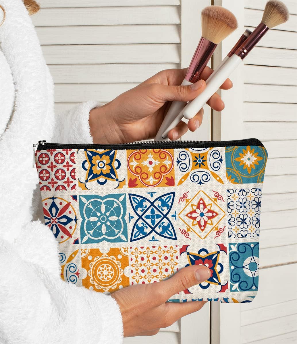 Retro Portuguese Talavera Tiles Makeup Bag,Mandala Vintage Flowers Cosmetic Bag Best Gift Idea for Sister Girls Girlfriend Wife Mom,Birthday Christmas Valentine's Day Gift Makeup Bag image 2
