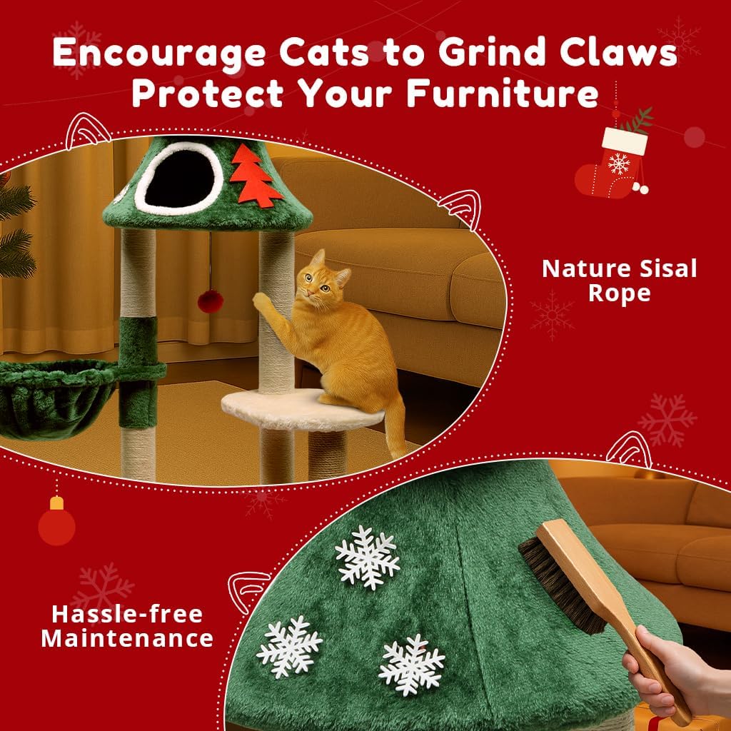 LUCKLIFE 48" Christmas Cat Tree with 2 Cozy Houses,Indoor Modern Cats Tower with Anti-Tip Kit,Plush Perches & Hanging Balls,Holiday Cat Climbing Furniture for Kittens to Play and Sleep