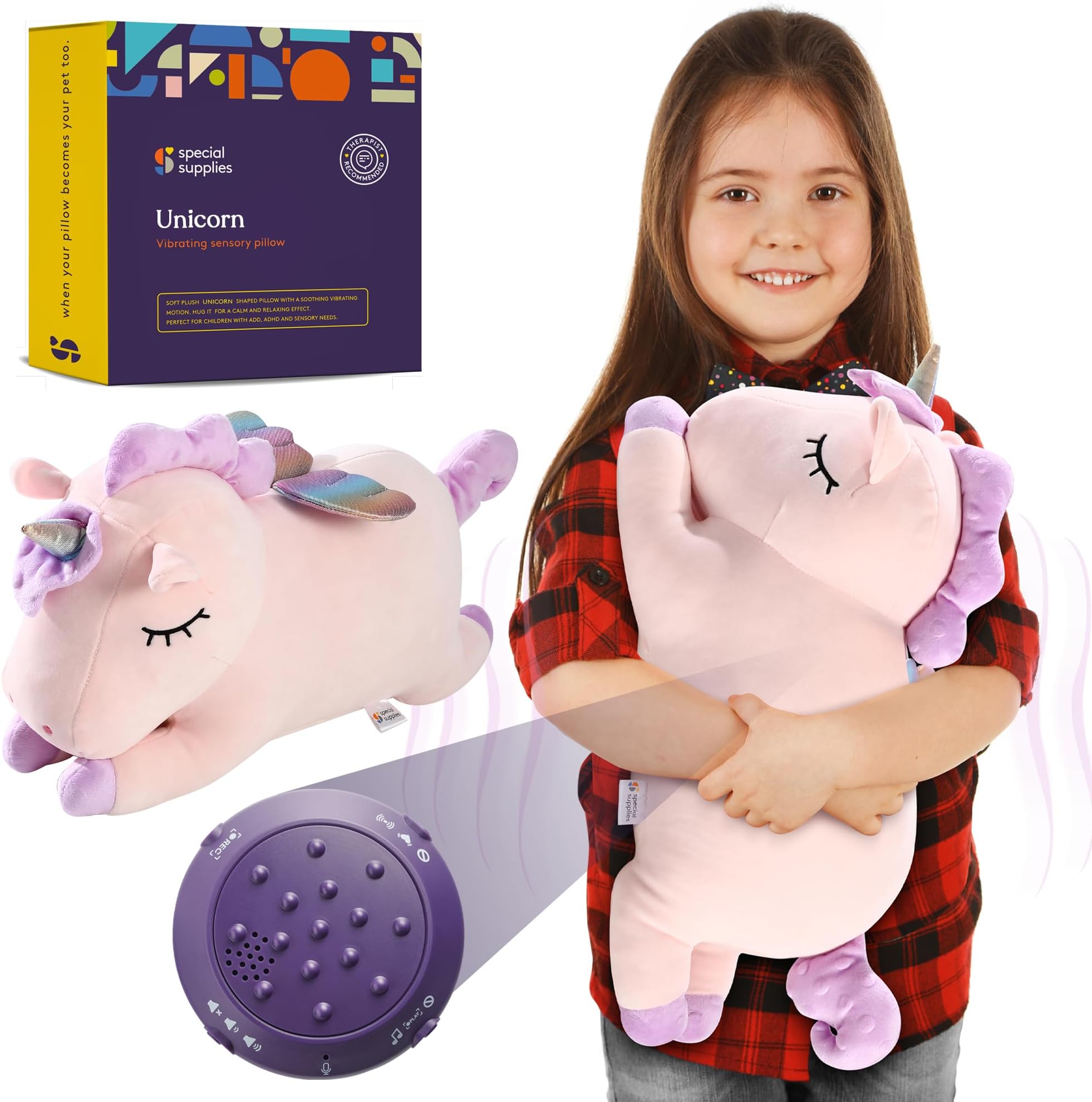 Special Supplies Vibrating Pillow Sensory Pressure Activated Calm for Kids and Adults, Plush Soft Cover -Textured Therapy Stimulation Bumps 3 Vibration Modes, Music & Voice Recording - Unicorn Pillow
