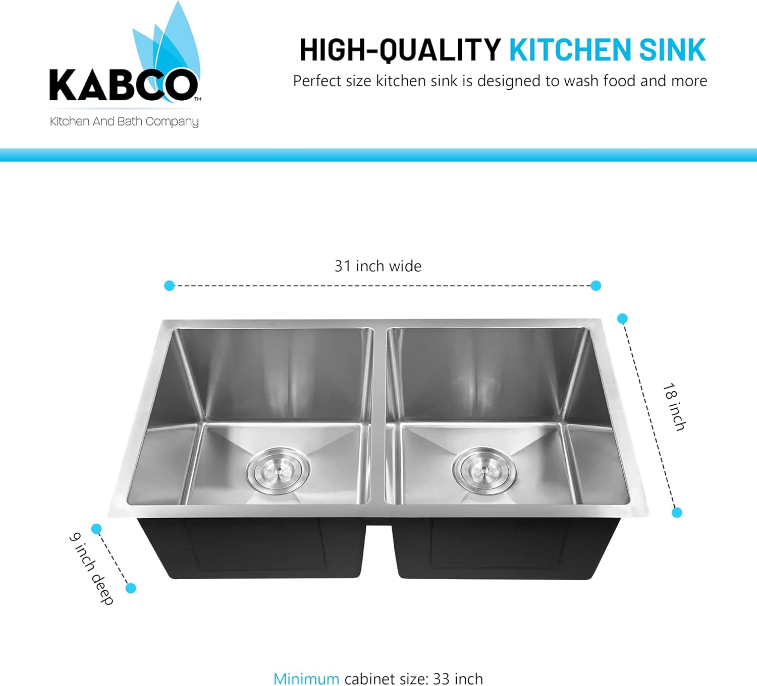 KABCO 16 Gauge 31 Inch Double Bowl Undermount Stainless Steel Kitchen Sink with 2 Pieces Sink Accessories, Rust Resistant Sound and Heatproof Laser Cut Tight Radius SInk for Indoor or Outdoor Kitchens