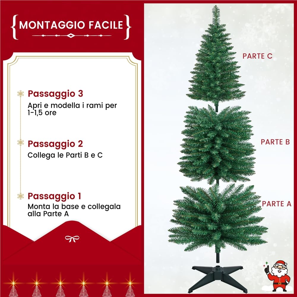 Yaheetech Slim Albero di Natale Artificiale in PVC Alto e Stretto con Base in Plastica Decorazione Natalizia Casa Ufficio 60 × 60 × 183 cm Verde
