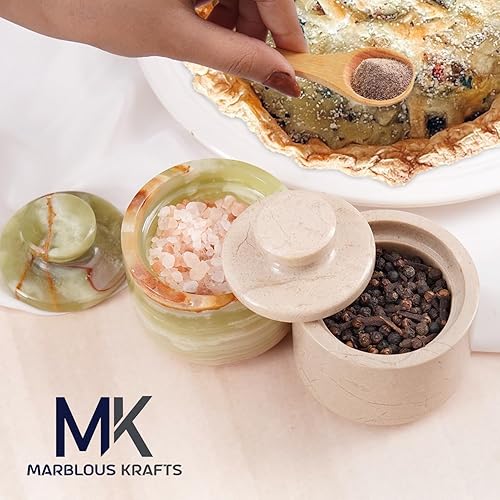 Miniatura 55 de MARBLOUS KRAFTS Salero de Mármol 3" Cebra Negra y Verona Cuenco de Sal Escamosa y Pimienta con Tapa, Almacenamiento para el Hogar y Recipientes