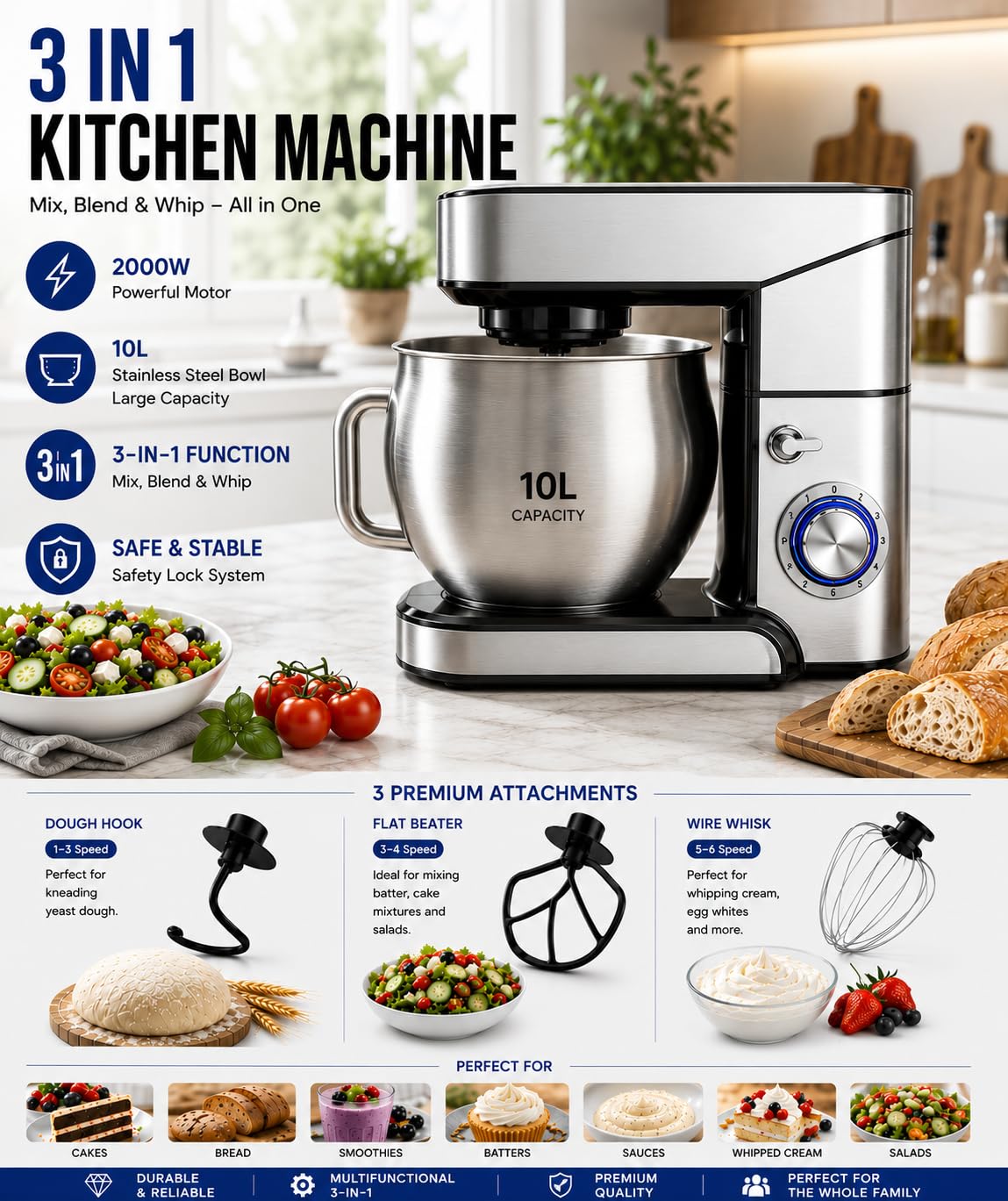 Royal Swiss Robot de cocina 3 en 1, 12 l, 2000 W, con picadora y batidora de cristal de 1,5 l, amasadora planetaria con movimiento planetario, 6 velocidades + pulso, cuenco inoxidable XXL, plateado