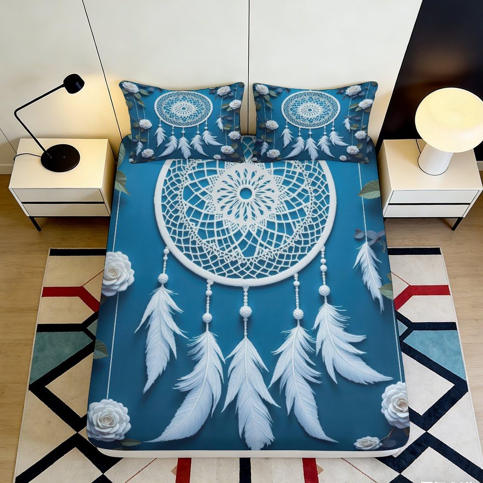 3D Printed Dreamcatcher Fitted Sheet Microfiber Soft Blue Feather Floral Mattress Cover Bedroom Dorm Decor 140x200x25cm