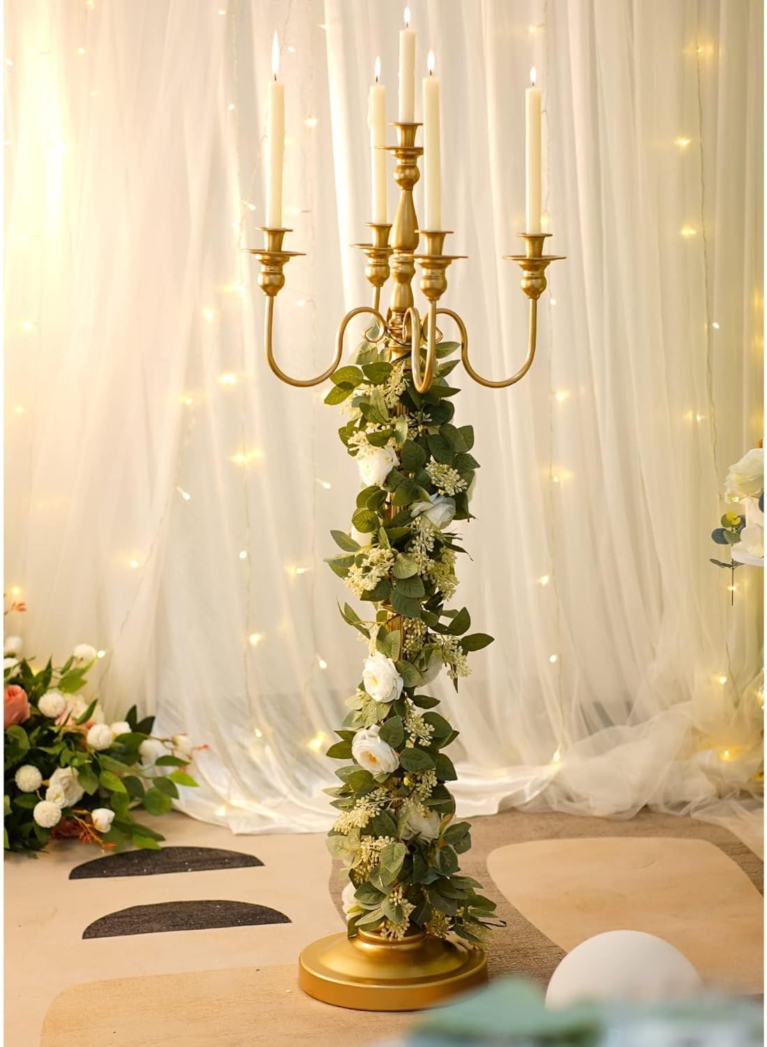 Gold Candelabra for Wedding Event Decor, 50IN Tall Floor Candle Holder, Metal 5 Arm Centerpiece for 5 Candlesticks, Party Wedding Aisle Home Decorations