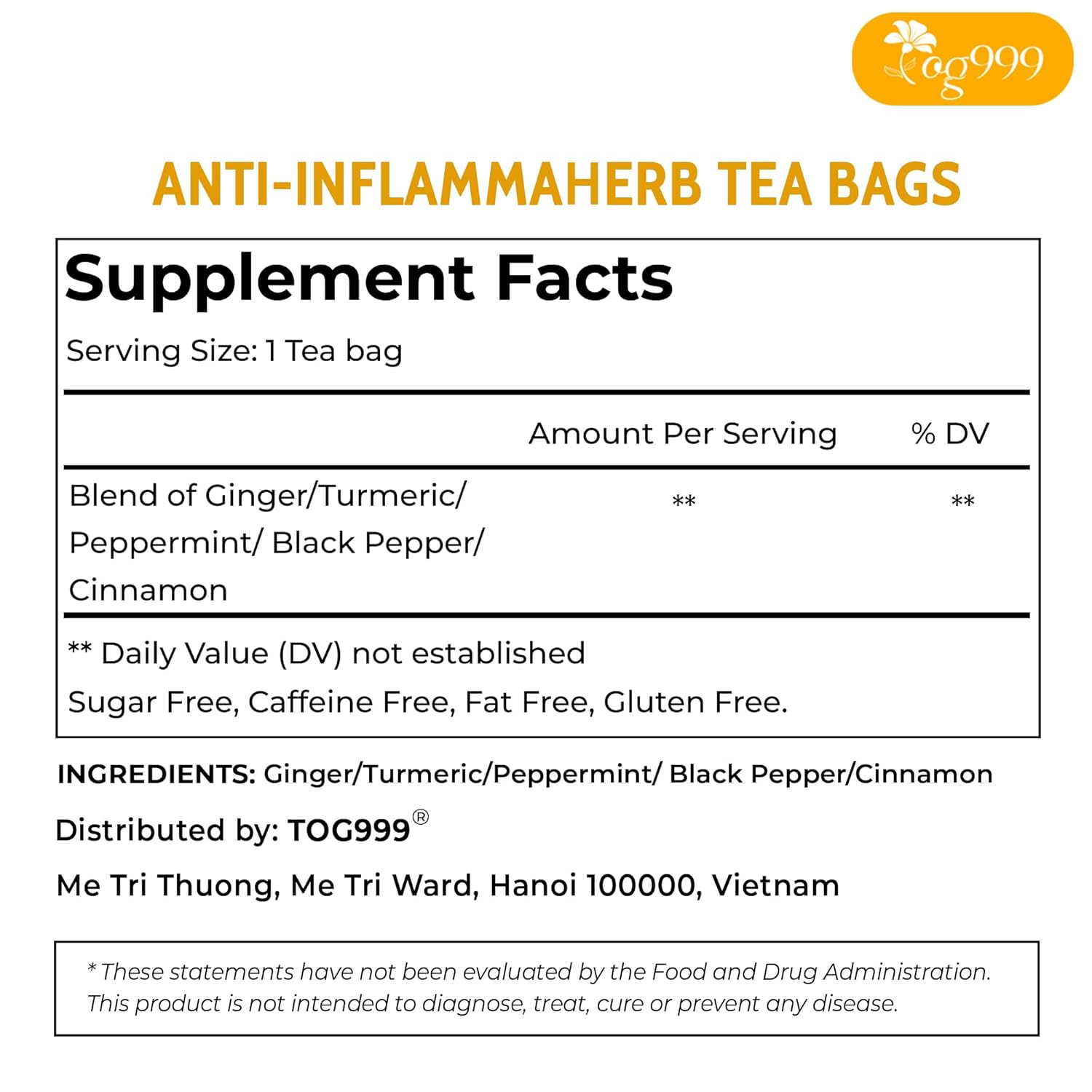 120 Tea Bags - Anti-Inflammaheb Loose Leaf Tea, 100% Natural from Ginger, Turmeric, Peppermint, Black Pepper, Cinnamon. Made with Natural Material Tea Bags. No Sugar, No Caffeine, No Gluten, Vegan.