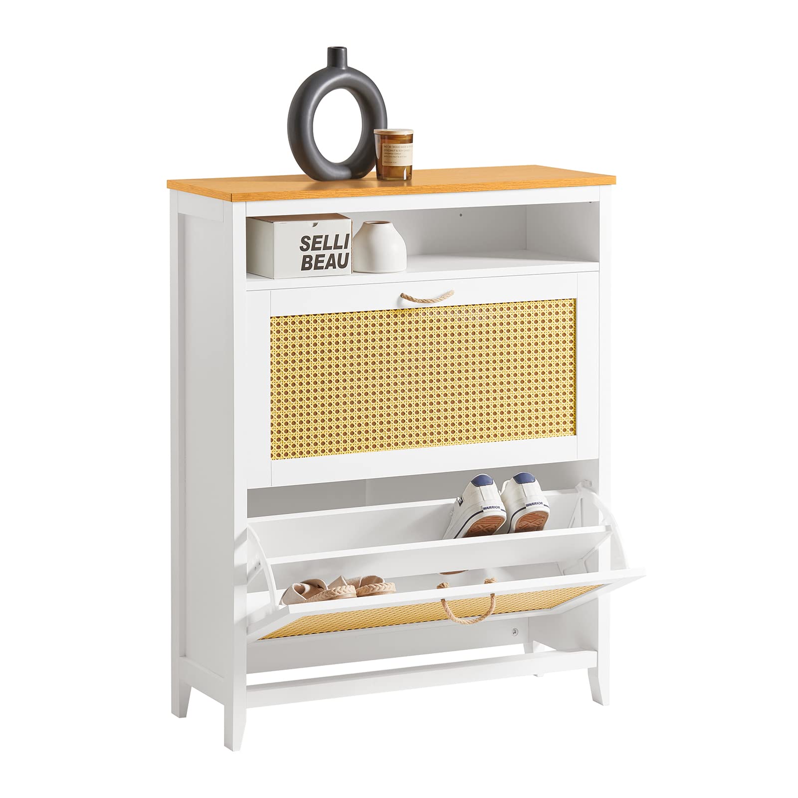SoBuy FSR127-W Schuhkipper Schuhschrank mit 2 Klappen, 1 offenen Fach Schuhablage Schuhregal mit 4 Ablageflächen Schuhkommode mit Gitteroptik BHT ca.: 75x98x30cm