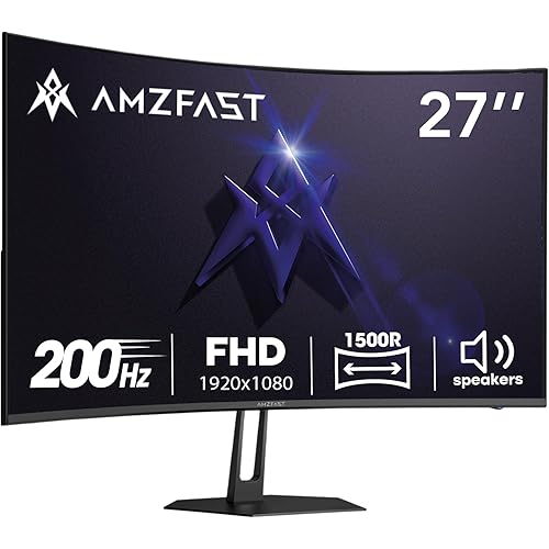 Amzfast 27 inch 200Hz Curved Gaming Monitor, FHD 1080p with Built-in Speakers, FreeSync, MPRT 1ms, 130% sRGB, 3000:1, 1500R, VESA Mount, HDMI 2.0&DP 1.4, 12 Months Warranty Exchange