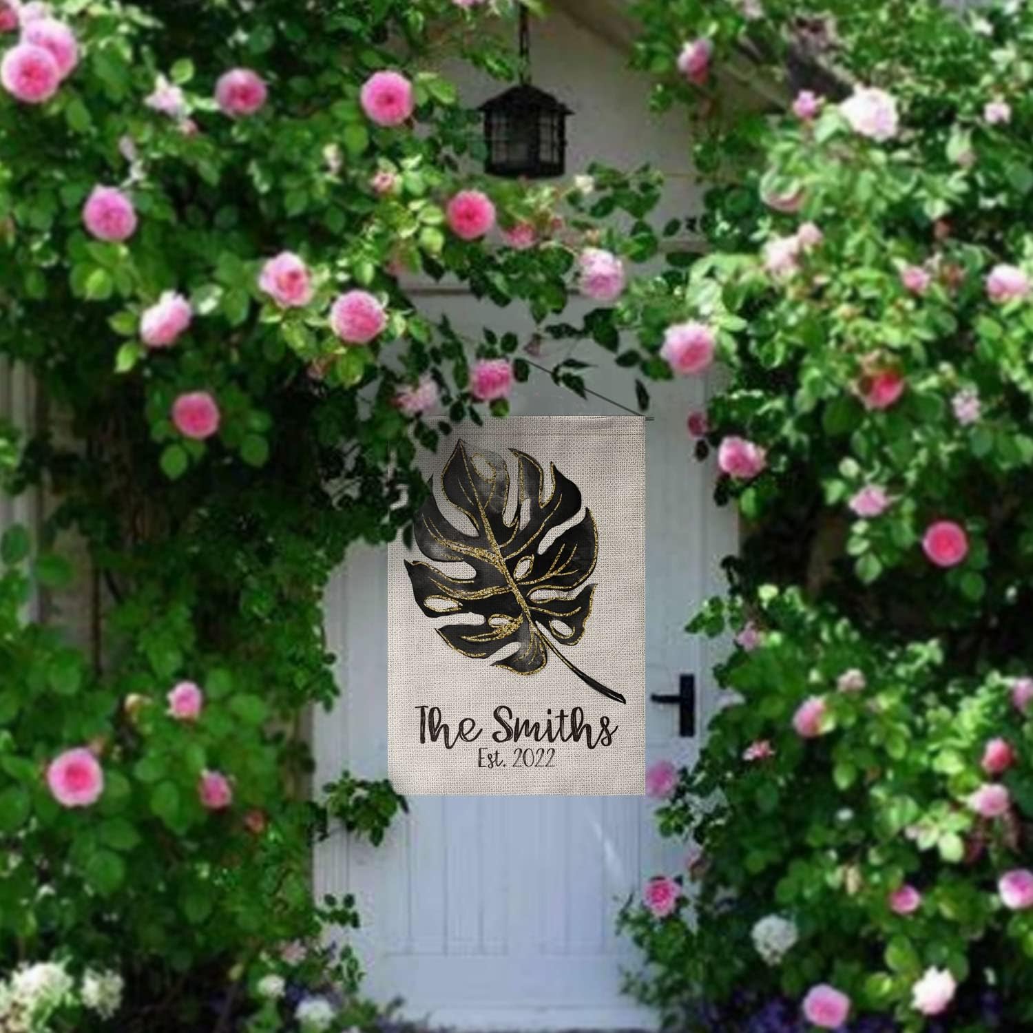 Smile Personalized Summer Spring House Flag, Customized Family Last Name and Established Year Golden Leaf, Double Sided 28 x 40 Inch Rustic Farmhouse Burlap Yard Outdoor Decoration…