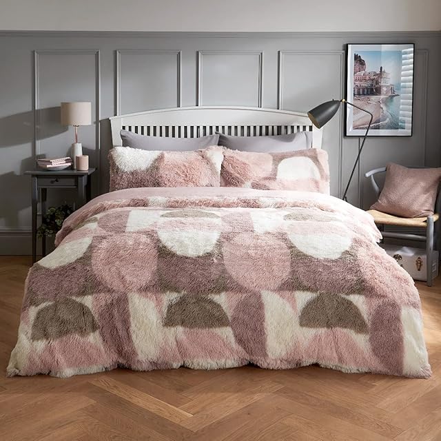 Sleepdown Curved Geo Shaggy Faux Fur Fleece Thermal Warm Cosy Super Soft Duvet Cover Quilt Bedding Set with Pillow Cases - Double (200cm x 200cm) - Blush Pink
