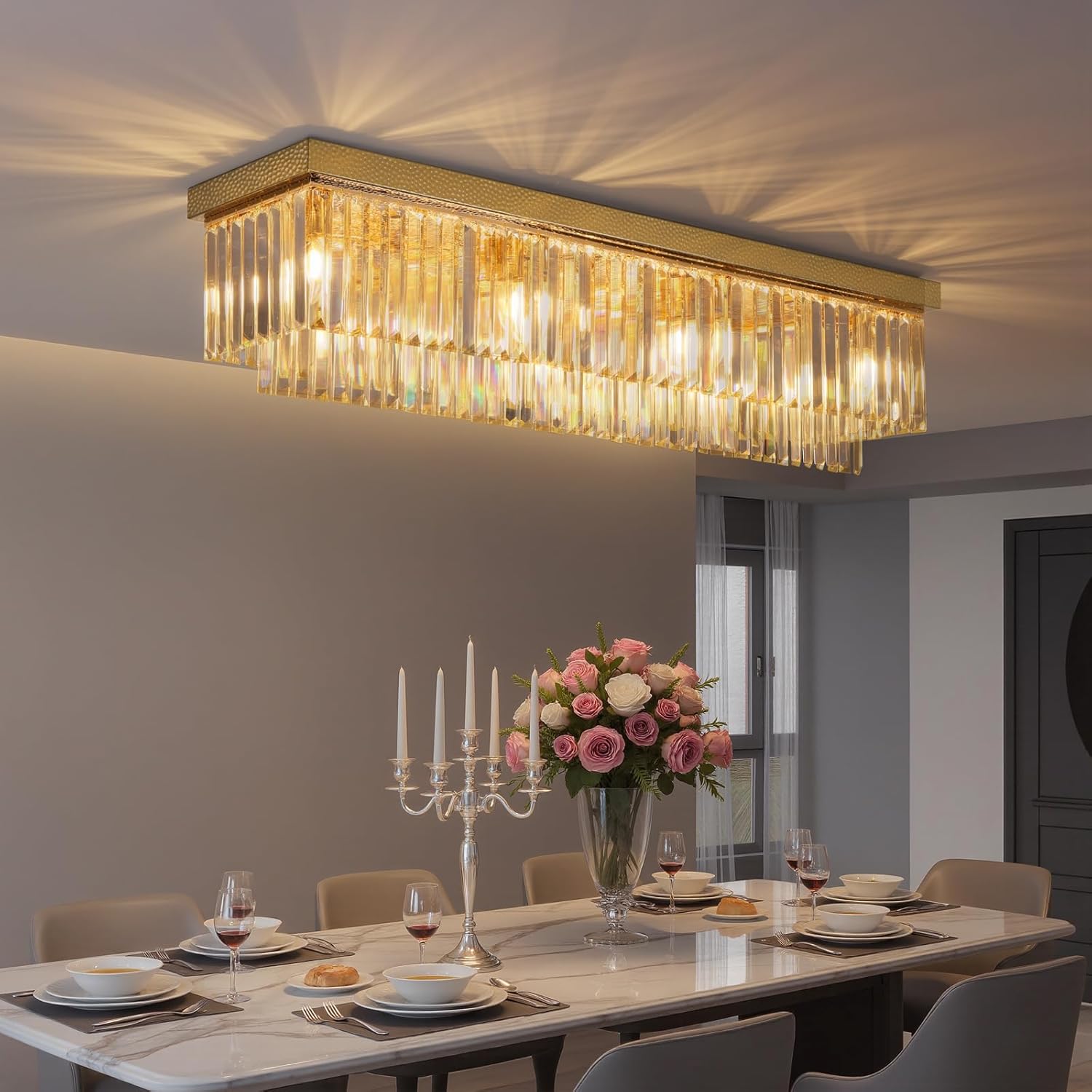 40" Rectangle Flush Mount Ceiling Light Fixture for Dining Room Over Table, 8-Light Modern Crystal Gold Chandelier with Hand-Hammered Metal Frame for Living Room,Kitchen Island,Hallway,Foyer