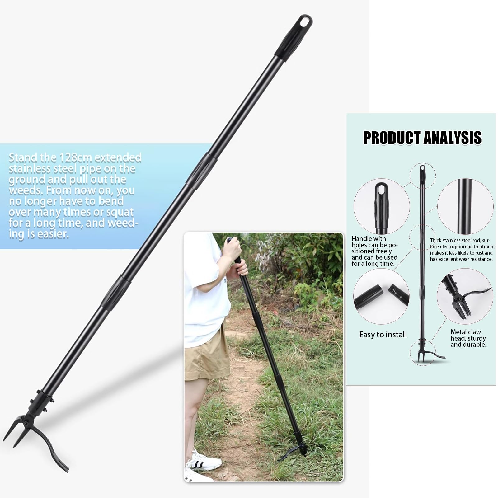 Stand-up Manueller Unkrautstecher mit langem Griff für müheloses Unkrautjäten im Garten, Edelstahl Unkrautentferner ideal für Gemüsegärten und Rasen
