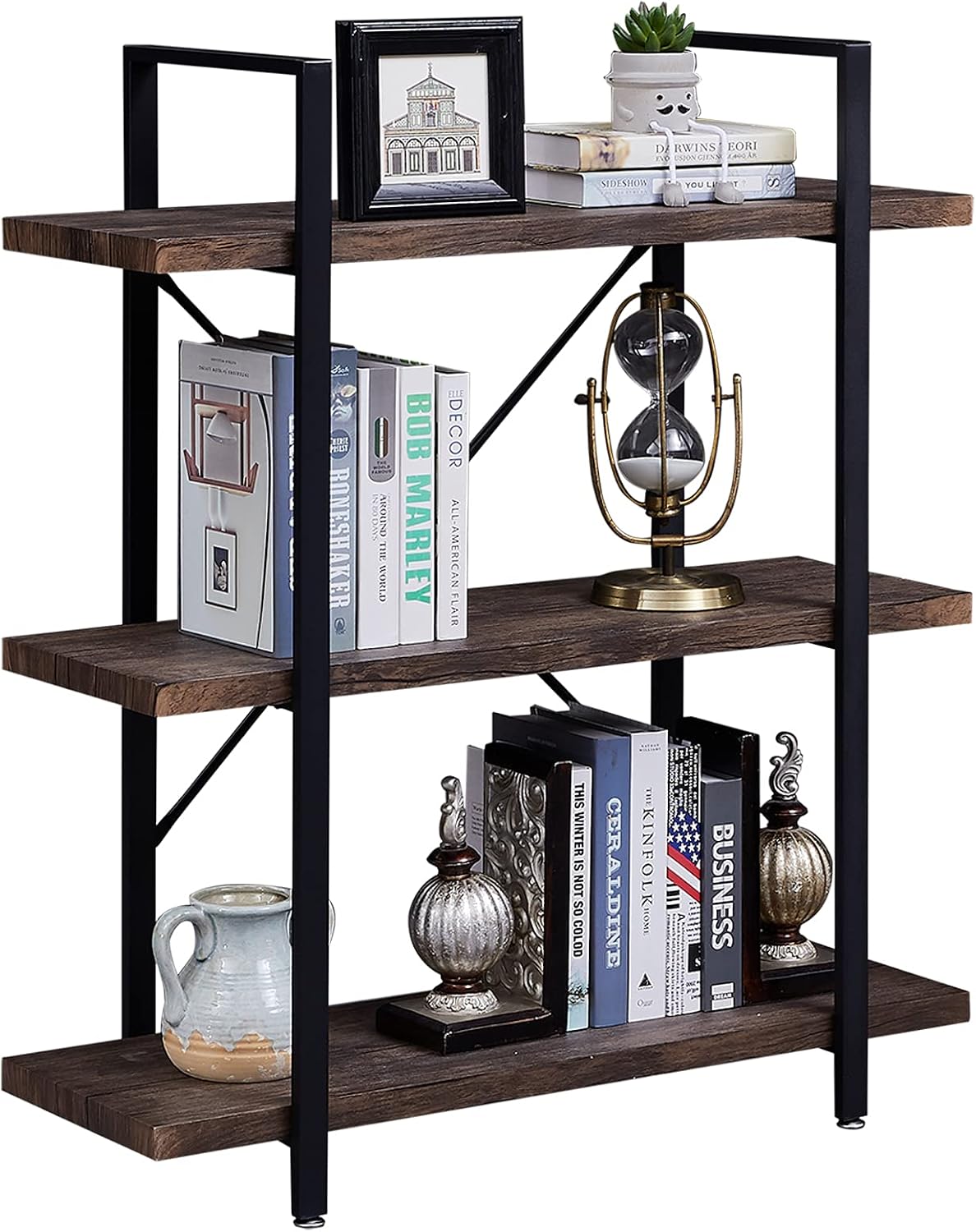 SUPERJARE 3-Shelf Industrial Bookshelf, Open Etagere Bookcase with Metal Frame, Rustic Book Shelf, Storage Display Shelves, Wood Grain - Distressed Brown