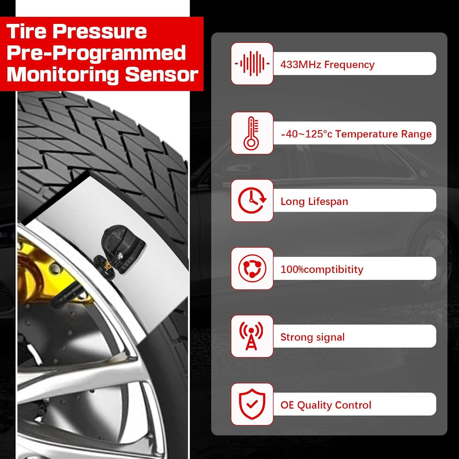 RLP Set of 4 TPMS Tire Pressure Monitoring System Sensor 433MHz Compatible with Calillac, GMC, Malibu Silverado Impala Cruze,Regal Lacrosse Replace OE#13598773 13516165 13589601 13506028 13594222