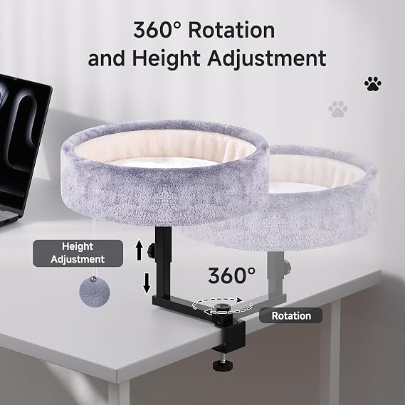 Chumajor Cat Desk Bed - 360 Rotating & Adjustable, Supports 50 lbs, Soft Faux Fur with Dual-Sided Reversible Mat, Modern Indoor Cat Nest Furniture for Office Desks and Game Tables, Island Table