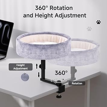 Chumajor Cat Desk Bed - 360 Rotating & Adjustable, Supports 50 lbs, Soft Faux Fur with Dual-Sided Reversible Mat, Modern Indoor Cat Nest Furniture for Office Desks and Game Tables, Island Table