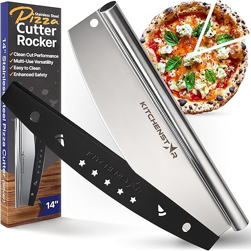 Kitchenstar Cortador de pizza de 14 Cuchillo de acero inoxidable afilado para rebanar - Estilo balancĂn con cubierta de hoja Picar y rebanar Kitchenstar Cortador de pizza de 14 Cuchillo de acero inoxidable afilado para rebanar - Estilo balancĂn con cubierta de hoja Picar y rebanar
