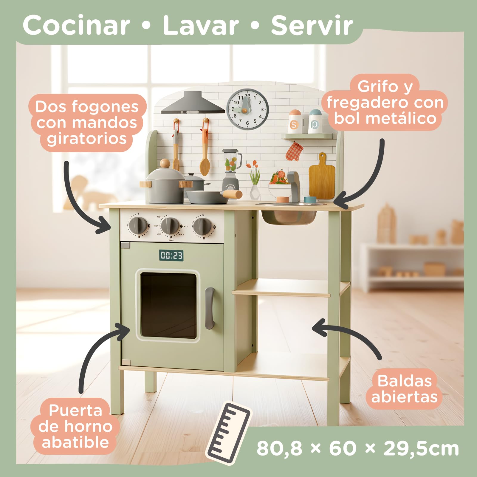 Nene Toys Cocina de Juguete de Madera – Cocinita con Fregadero, Horno y Fogones + 6 Accesorios – Juego de Imitación para Niños 3–5 Años – Mandos Giratorios, Bol Metálico, Resistente y Fácil de Montar