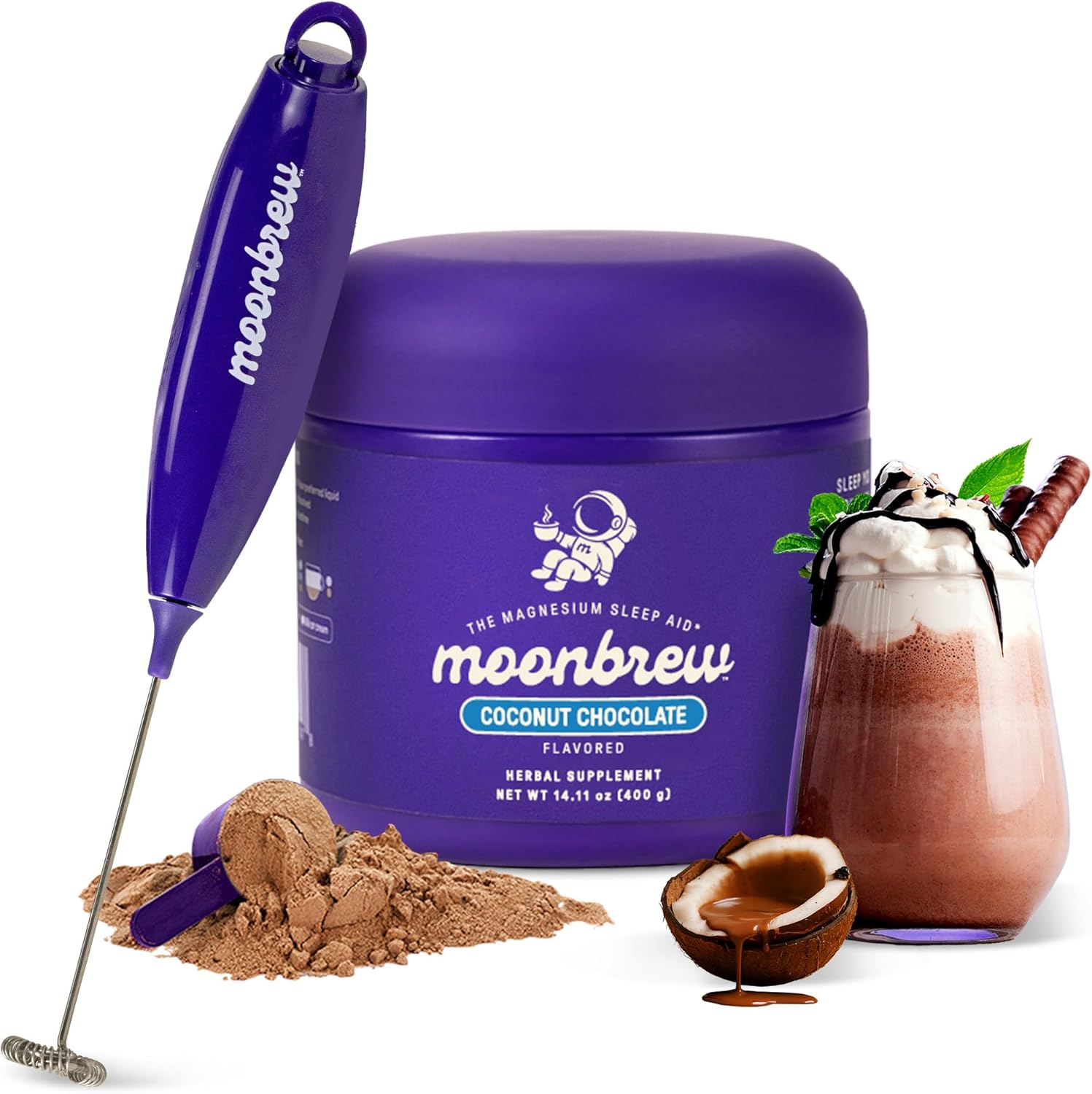 MoonBrew Sleep Aid Coconut Chocolate Drink Mix & Electric Milk Frother Bundle
