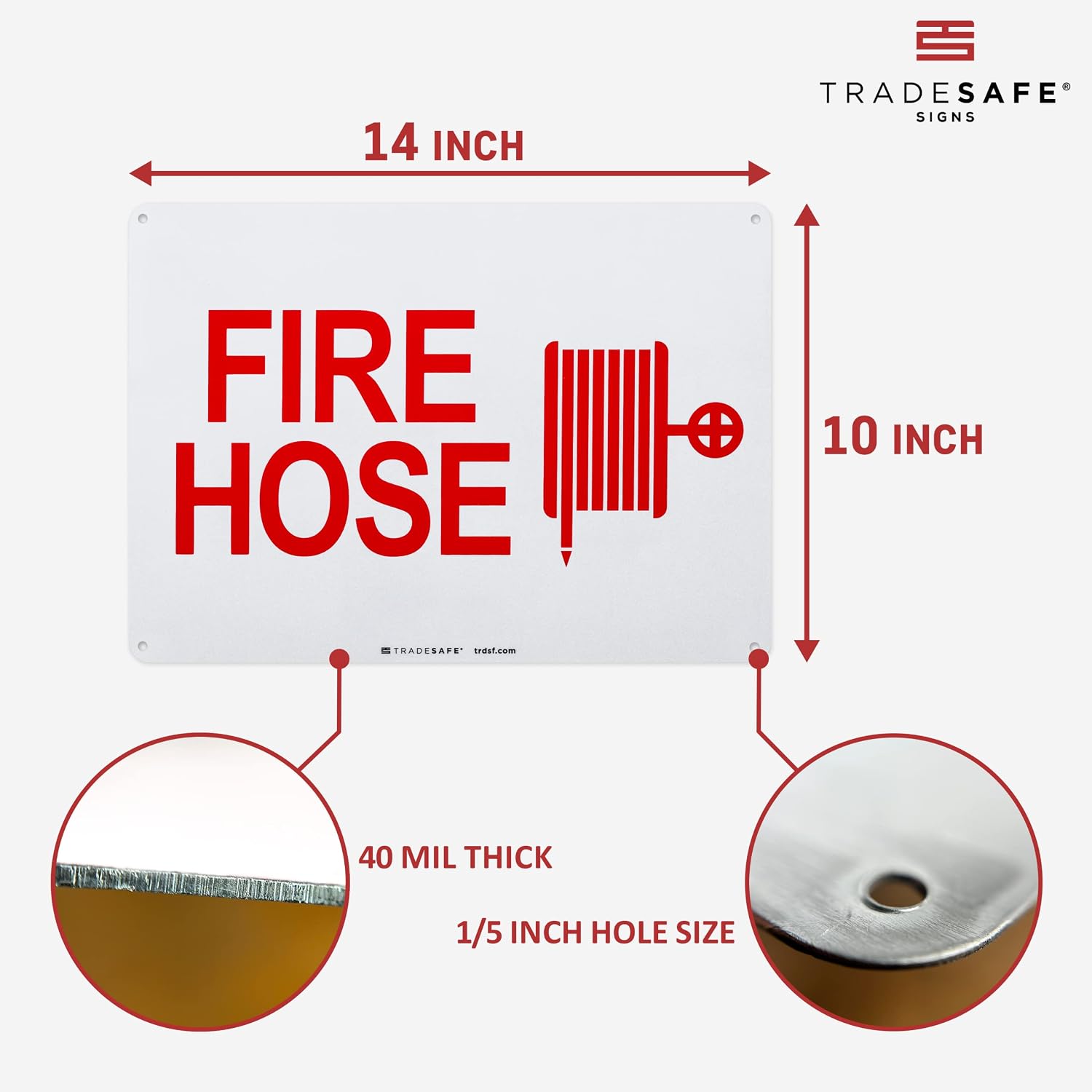 TRADESAFE Fire Hose Sign - Fire Extinguisher Sign with Fire Hose Reel Logo, Quick Install Aluminum Safety Sign, Light Reflective, UV-Resistant, Waterproof, 14” X 10” Safety Signs For Business