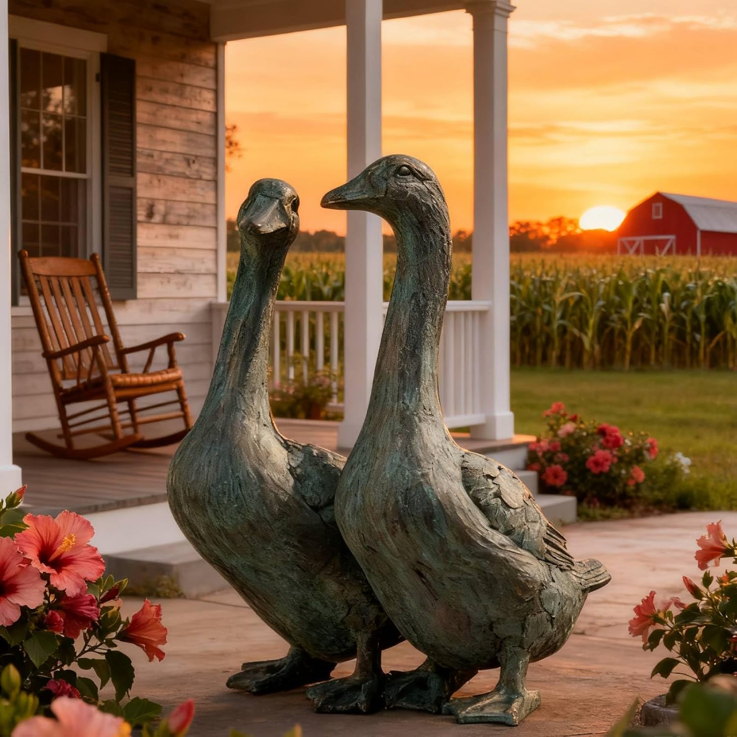 DiliComing Porch Goose Statue Set - Large Resin Outdoor Garden Decor, 17 inch Lawn Goose Sculptures Couple, Front Porch Decor Yard Art - Image 2
