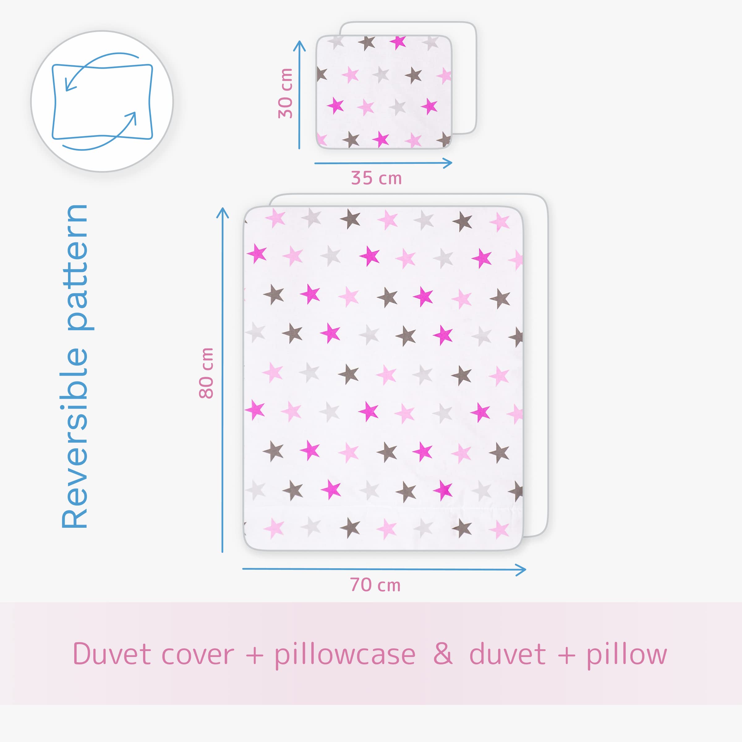 Baby Comfort 5 Piece Toddler Bedding Duvet Pillow with Covers & Jersey Sheet fits 90x40cm Crib 12M+ (Pink Stars) — view 4