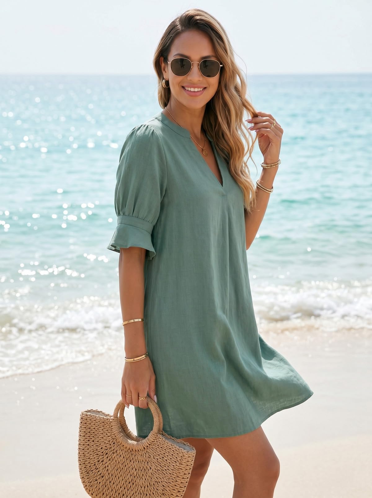 YUTILA Damen Strandkleid Kurz Leinenkleid V-Ausschnitt Bikini Cover Up Sommerkleid Strand Tunika Baumwolle Leinen Locker Leicht Unifarben Beachwear