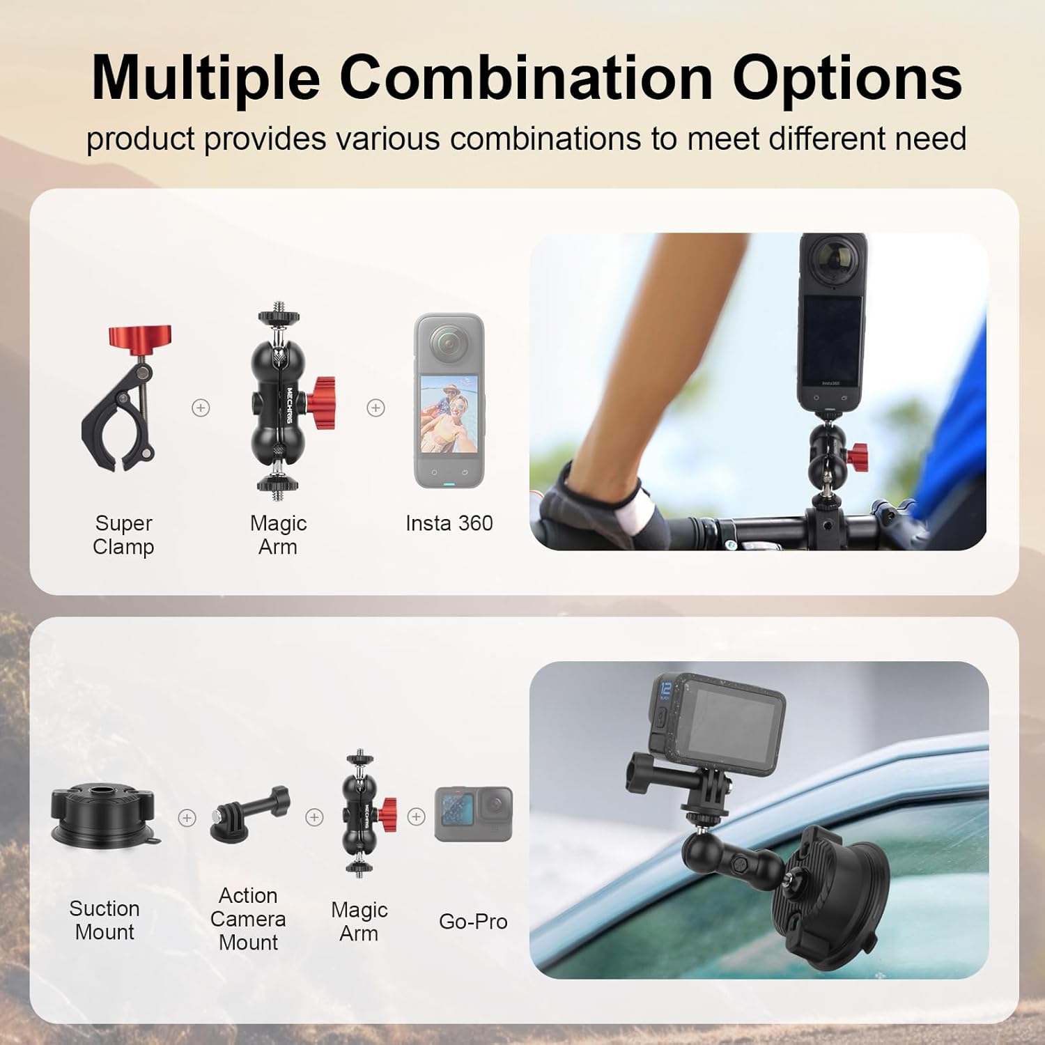 Versatile Camera Suction Cup Car Mount Kit with Telescopic Extension Pole & 360° Magic Arm, Quick Release Vehicle Camera Holder for Insta360 X5/X4/X3 Secure POV Shots,YD002