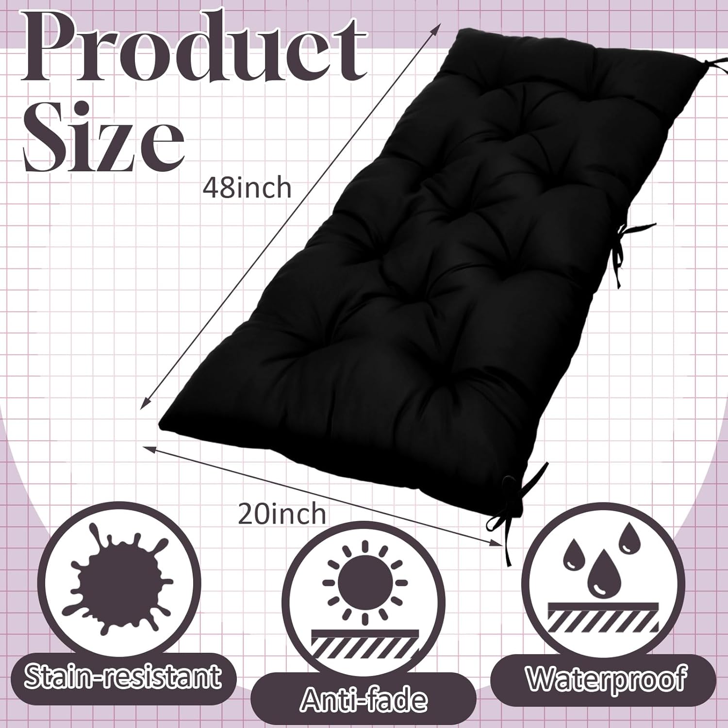 Wenqik Outdoor Bench Cushion 48 x 20 x 3 Inches Waterproof Outdoor Porch Swing Cushion Soft Thicken Chaise Lounge Pad with Ties for Indoor Garden Patio Seat(Black,Classic)