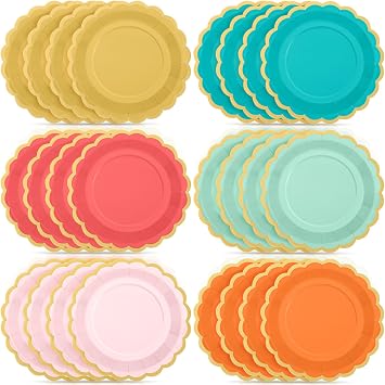 48 Pcs Colorful Coral Paper Plates 9 Inch Pastel Rainbow Scalloped Paper Plates Disposable Dinner Dessert for Birthday Wedding Bridal Party Supplies, 6 Colors