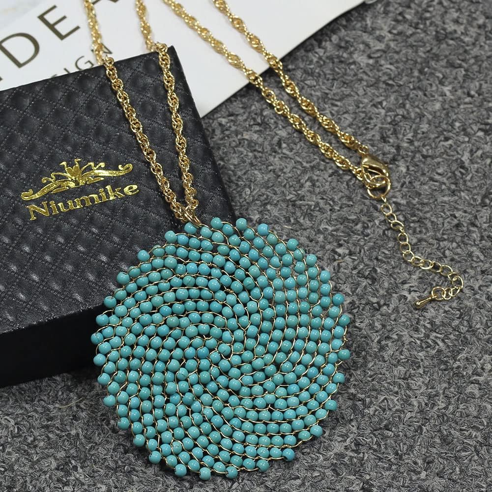 Niumike Long Pendant Necklace for Women - Womens Handmade Long Statement Beaded Crystal Large Disc Circle Pendant Gold Plated Sweater Chain Boho Necklaces - Image 4