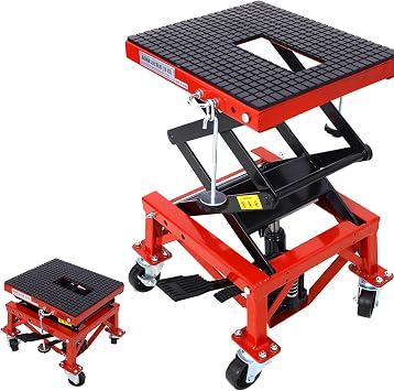 350 LBS Motorcycle Lift Table with 4 Wheels, Hydraulic Lift Table Cart & Motorcycle Scissor Jack Stand with Locking Pin & J-Hooks for Small Dirt Bikes/ATV Dirt Bike, Portability Red