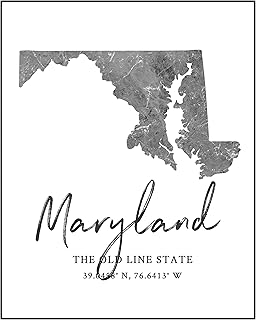 Maryland State Map Wall Art Print - 8x10 Silhouette Decor Print with Coordinates. Makes a Great Maryland-Themed Gift. Shades of Grey, Black & White.