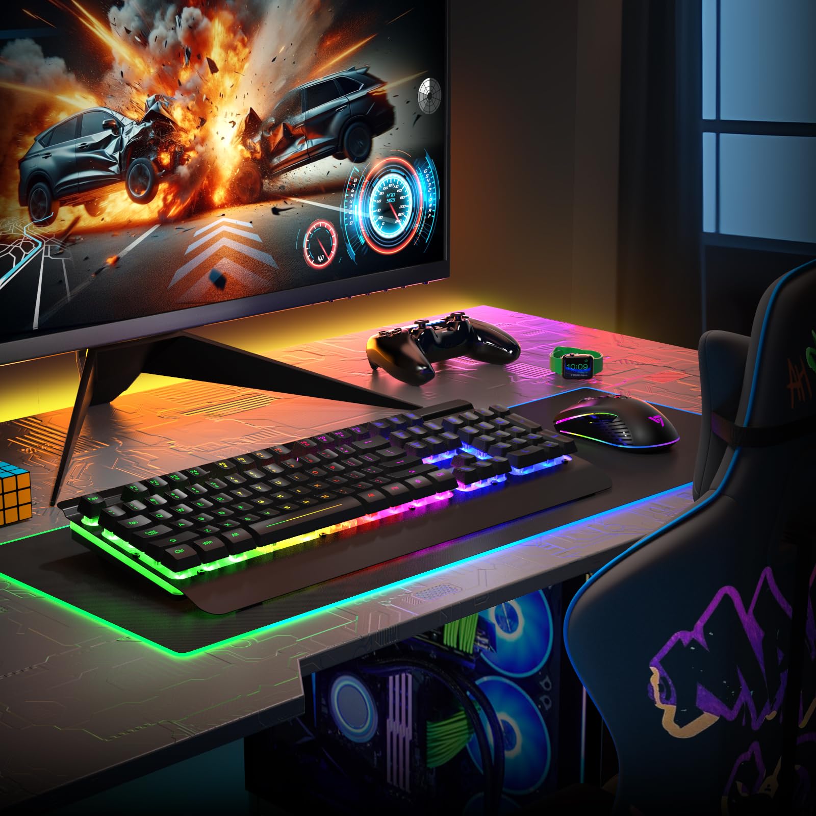RisoPhy Tastiera e mouse wireless da gioco, pannello in metallo, retroilluminazione a 7 colori, batteria ricaricabile da 3200 mAh, poggiapolsi, modalità sleep, tastiera illuminata + mouse da gioco 7D
