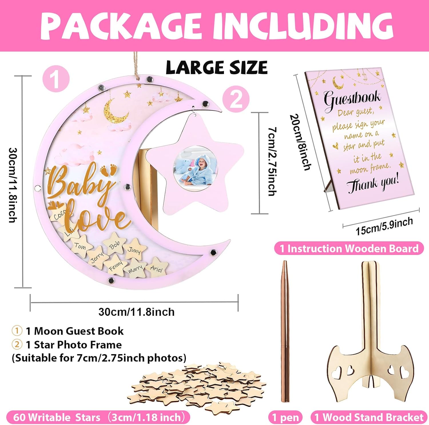 Baby Shower Guest Book Alternatives Moon Guest Book for Baby Shower Guest Book Frame with Star Baby Shower Decorations Guest Book Alternative for Wedding Boys Girls Birthday Party Keepsake(Pink)