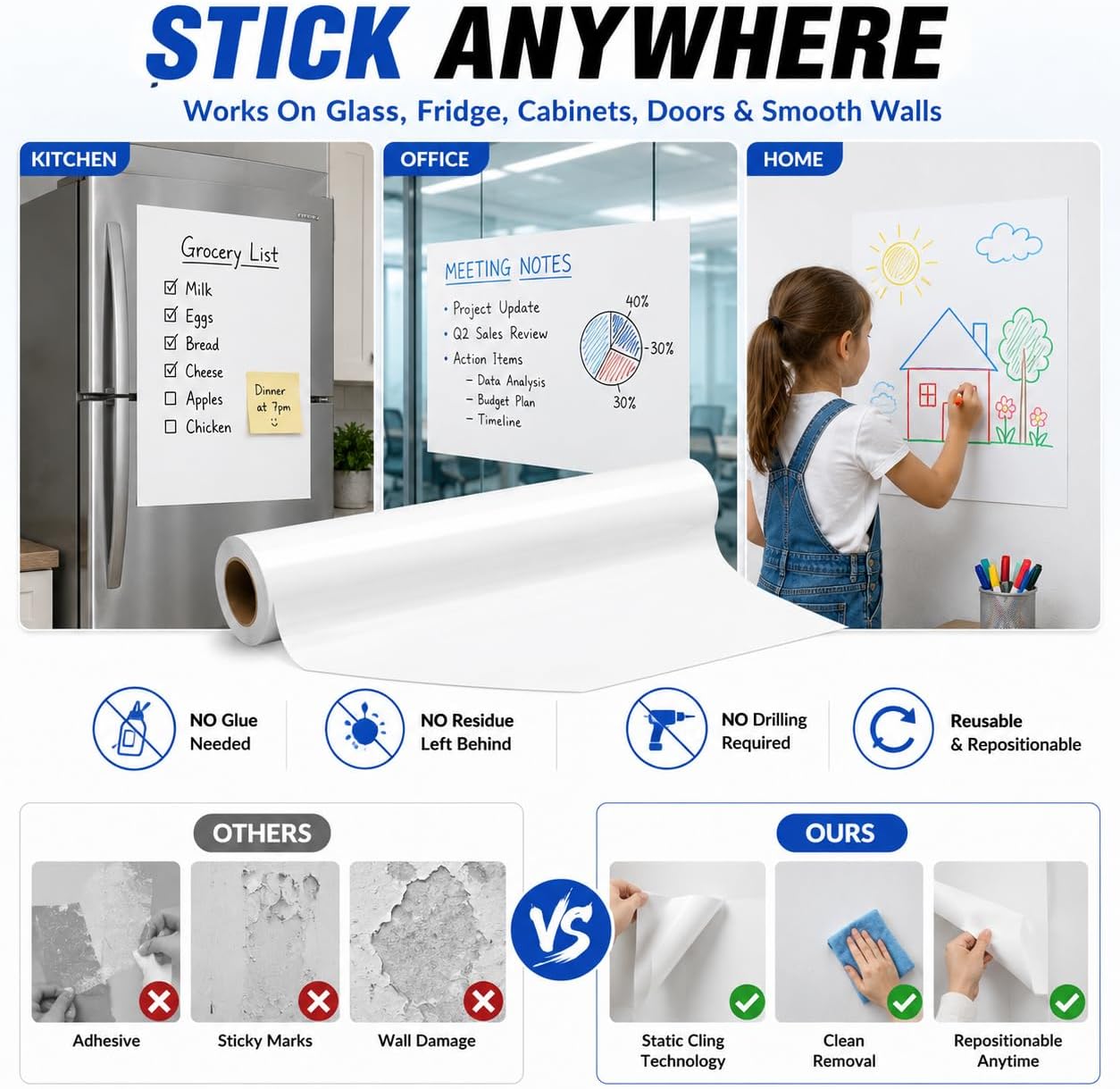 15 Sheets Static Cling Whiteboard Paper for Wall, 43 x 80cm Reusable Dry Erase Whiteboard Sheets with Eraser, Marker Holder & Mounting Tabs, Stick-On Whiteboard for Kitchen, Office, Home School