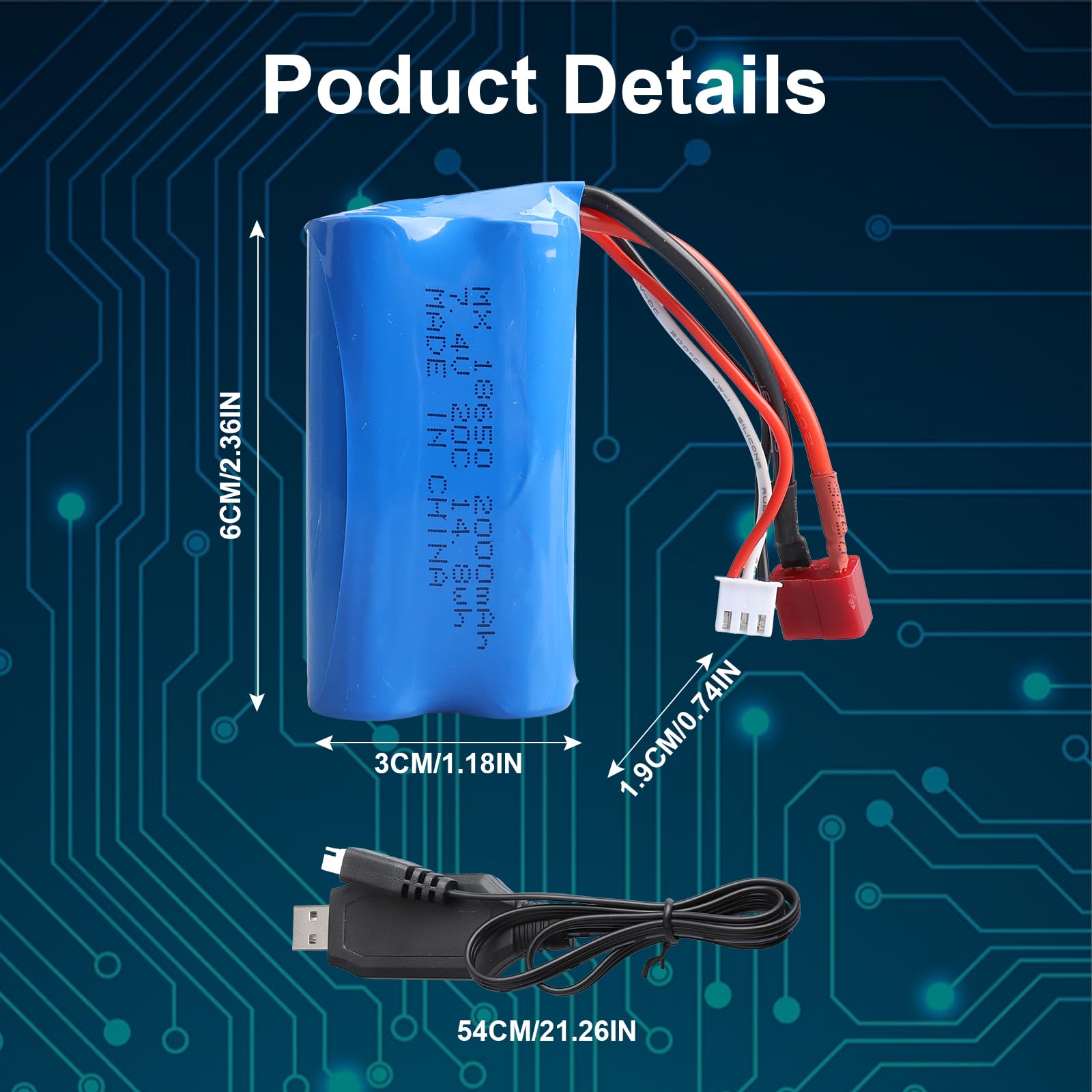 Batería RC 2S de 7,4V 2000 mAh de Iones de Litio con Conector JST, Batería Lipo 2S con Cargador USB para Helicópteros, Coches, Camiones y Barcos RC