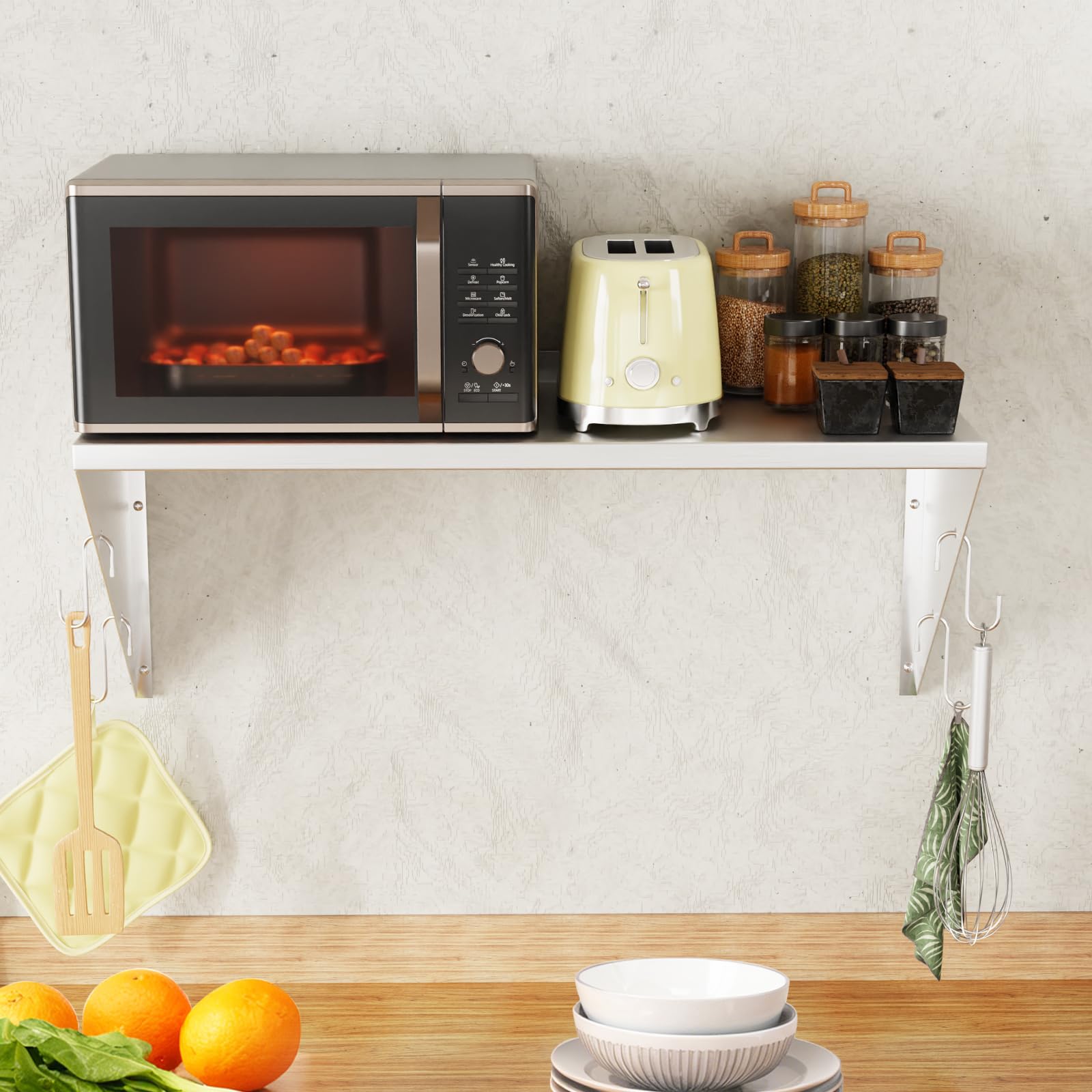 TAIMIKO Estantería de Pared de Acero Inoxidable con Barra de Ganchos,Estante de Pared con Soporte Triangular Almacenamiento de Cocina, para Gastro Libros Portarretratos Plantas Oficina Baño Cocina