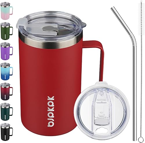 Miniatura 21 de BJPKPK Taza de café aislada con 2 tapas, vaso aislado de acero inoxidable de 25 onzas con asa, tazas de café de doble pared con aislamiento al