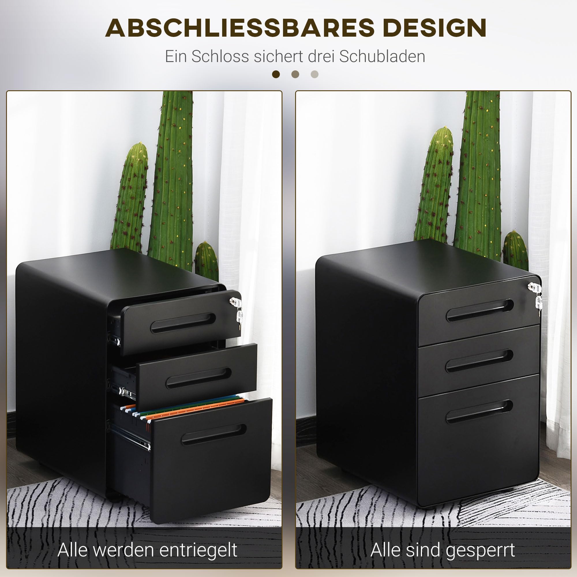 Vinsetto Rollcontainer mit 3 Schubladen Abschließbar 39x48x59cm Schwarz | Mobiler Aktenschrank mit Rollen, Büroschrank mit Hängeregistratur, Stiftfach, Bürocontainer Schreibtisch Unterschrank