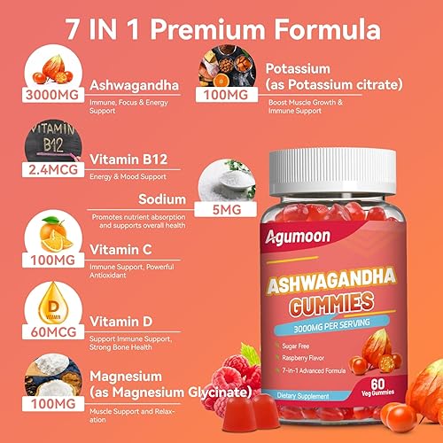 Miniatura 5 de Ashwagandha - Gomitas de 3000 mg para alivio del estrés, calma y relajación con magnesio y vitamina D, veganas, sin gluten, sabor natural a