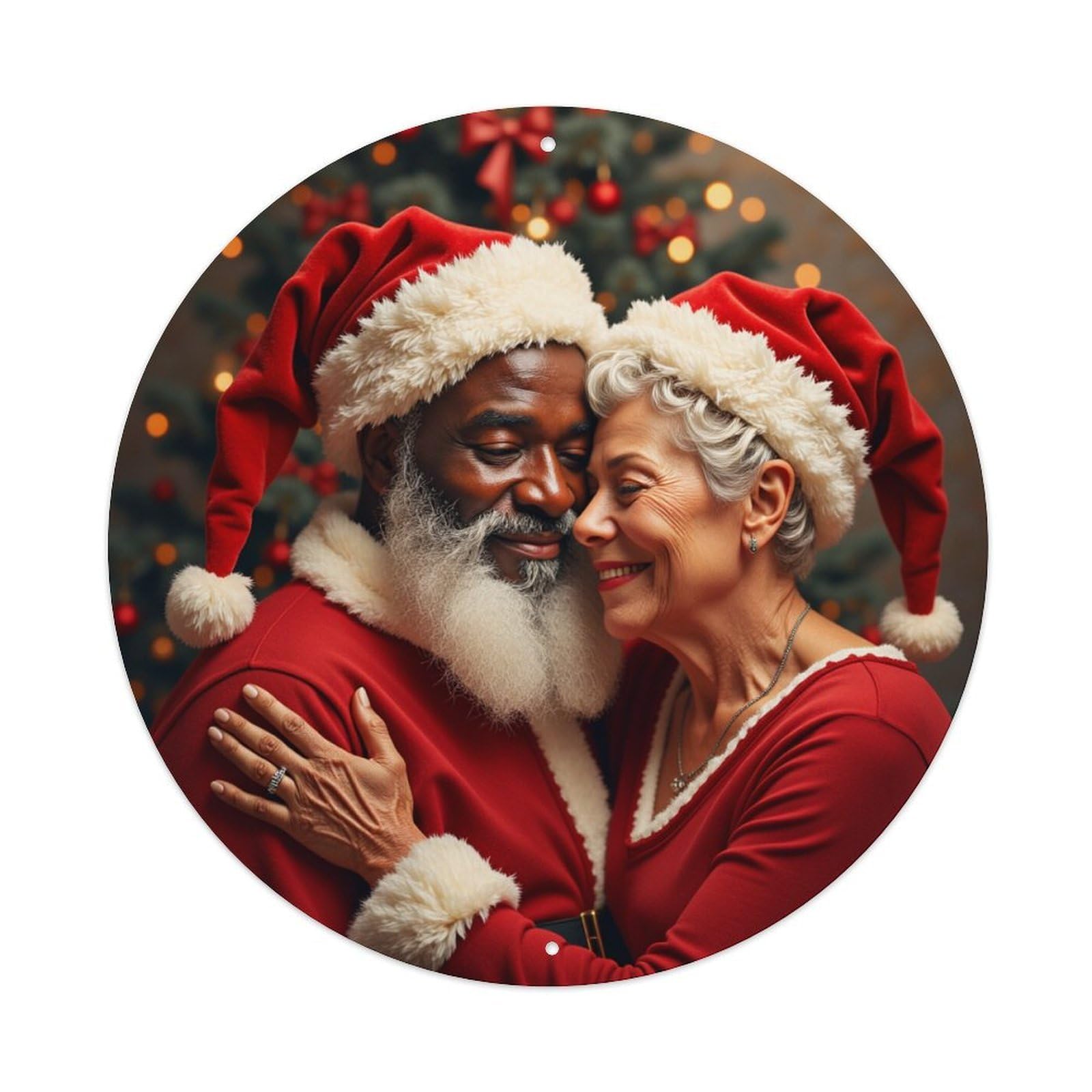 Christmas Couple Santa Hat Red Round Tin Sign Vintage Metal Poster, Home Bar Garage Man Cave Cafe Indoor & Outdoor Wall Decoration 8x8Inches