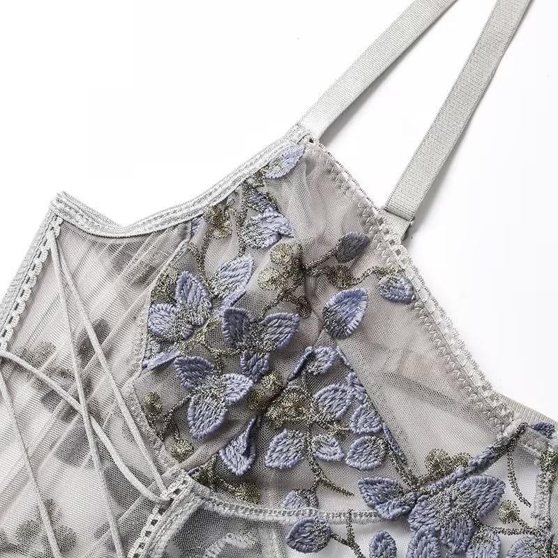 Lilosy Women Sexy Lace Up Floral Embroidered Teddy Lingerie Bodysuit Top Mesh Sheer One Piece: 3X-Large Grey