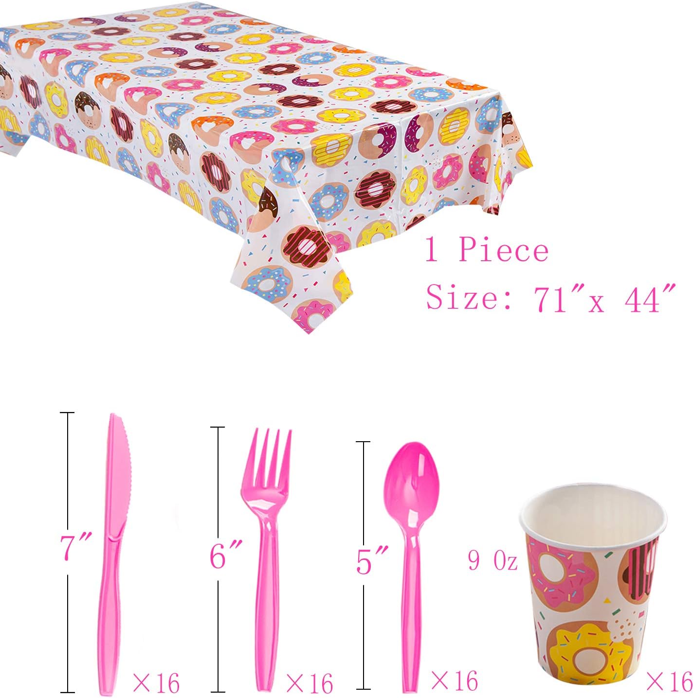 Donut Birthday Party Supplies, Serves 16, Includes Plates, Cups, Napkins, Cutlery, Banner and Tablecloth, for Donut Themed Baby Birthday Decoration, Disposable Tableware Party Pack for Girls and Boys : Home & Kitchen