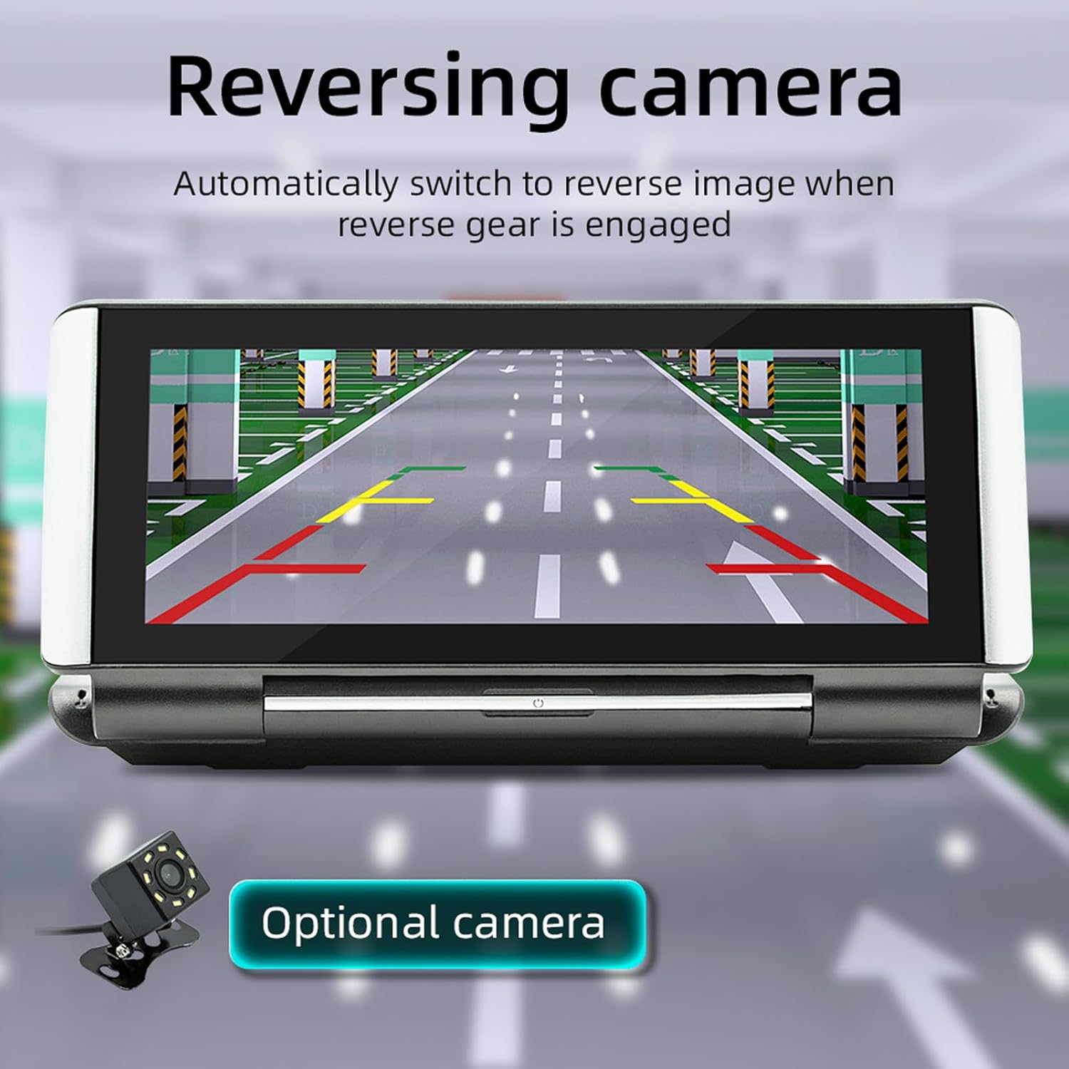 Zunate 6.86 Inch Wireless Android Auto Screen displaying a backup camera view mit Richtlinien