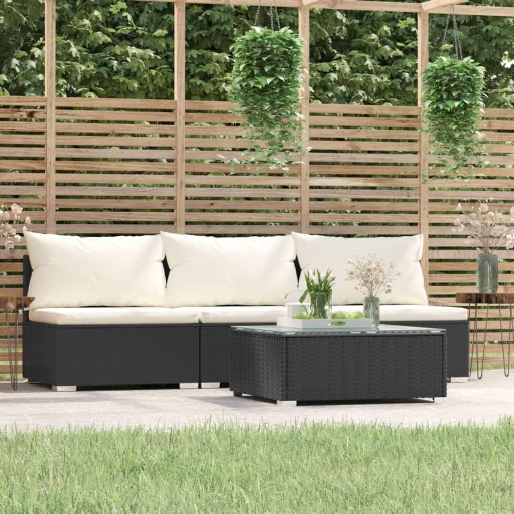 vidaXL Wicker Patio Furniture - Black Poly Rattan Lounge Set with Cream Cushions, 3-Seater Sofa for Indoor/Outdoor Use - Durable, Waterproof and Comfortable with Lightweight Construction