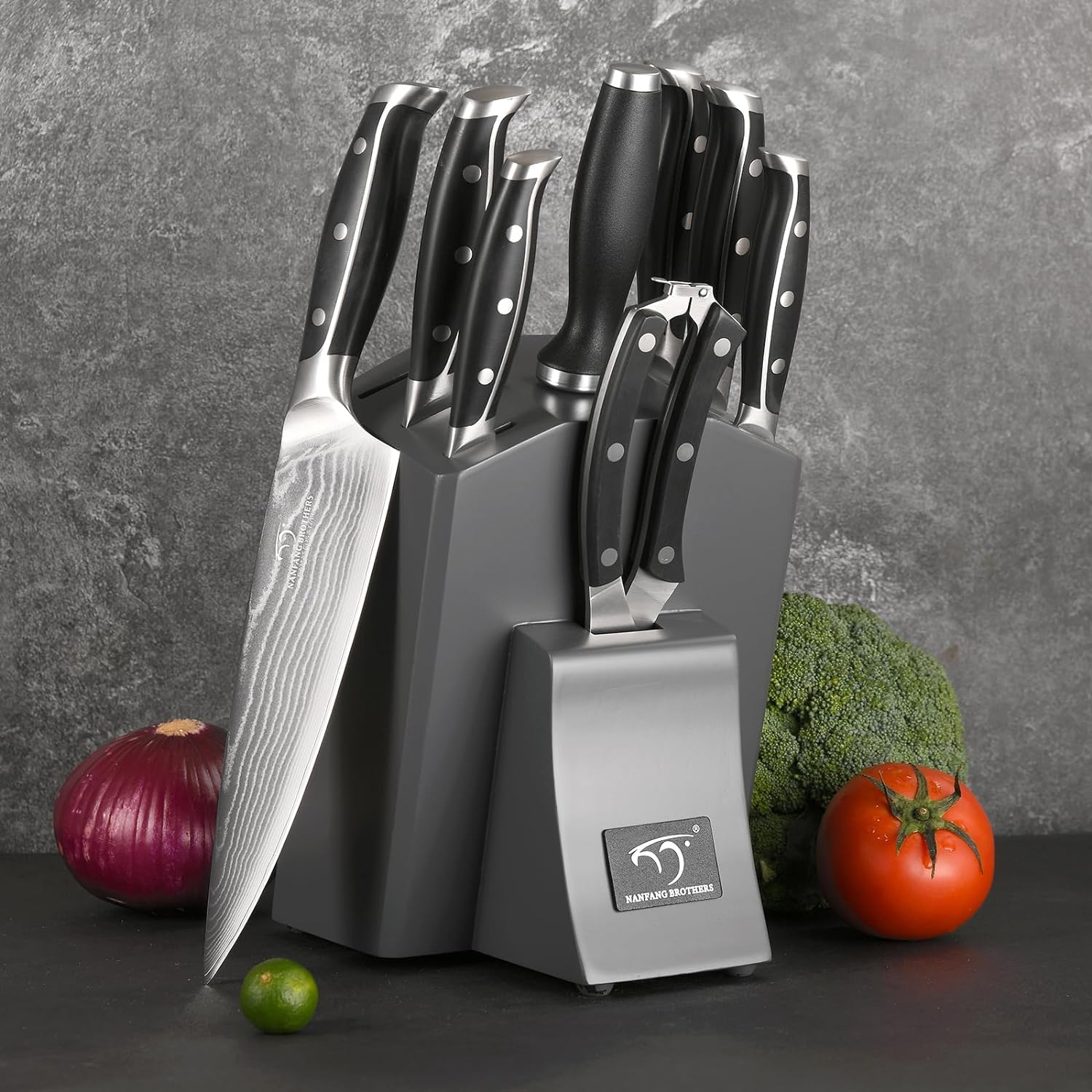 Professionelles Japanisches Damaszener Stahl Küchenmesser Set 9 Teile mit Holzblock, beinhaltet Kochmesser, Brotmesser, Santoku Messer, Allzweck- und Schälmesser, alle in einer Geschenkbox Grau