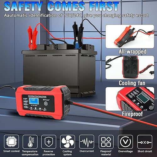 Miniatura 4 de Cargador de batería de 6 amperios, cargador automático de coche inteligente de 12 V 24 V, cargador de mantenimiento de batería y desulfatador de