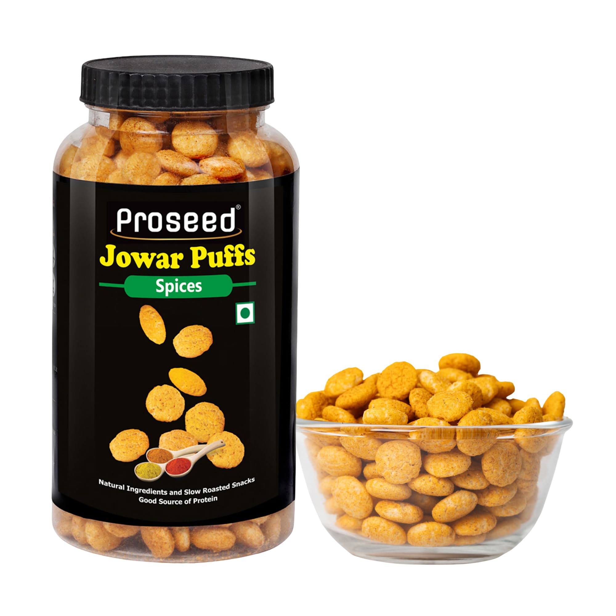 Proseed Jowar Puffs (Spices) | 150g x 1 Pack | Slow Roasted & 100% Veg | No Refined Flour, Sugar & Trans-Fat | Gluten Free | No Palm Oil | Healthy Travel Friendly Millet Snacks